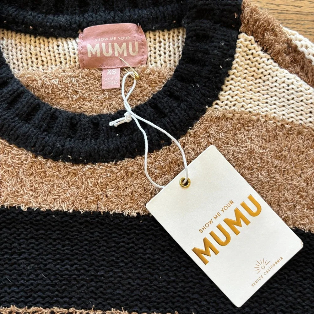 Show Me Your Mumu Womens XS‎ Striped Eyelash Knit Sweater Brown Tan Black NWT